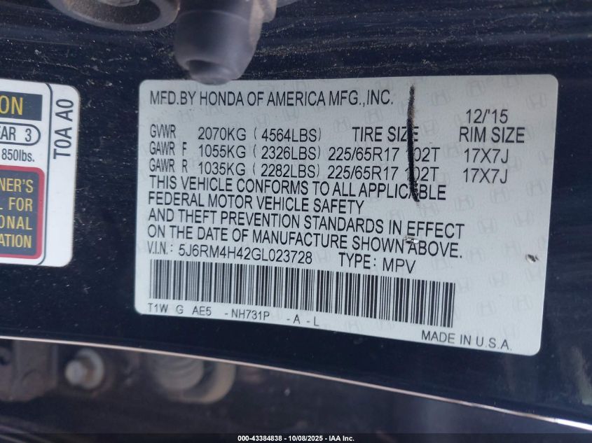 2016 Honda Cr-V Se VIN: 5J6RM4H42GL023728 Lot: 43384838