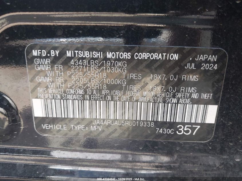 2024 Mitsubishi Outlander Sport 2.0 Es Awc/2.0 Le Awc/2.0 Ralliart Awc/2.0 S Awc/2.0 Se Awc/2.0 Trail Edition Awc VIN: JA4ARUAU5RU019338 Lot: 43384840