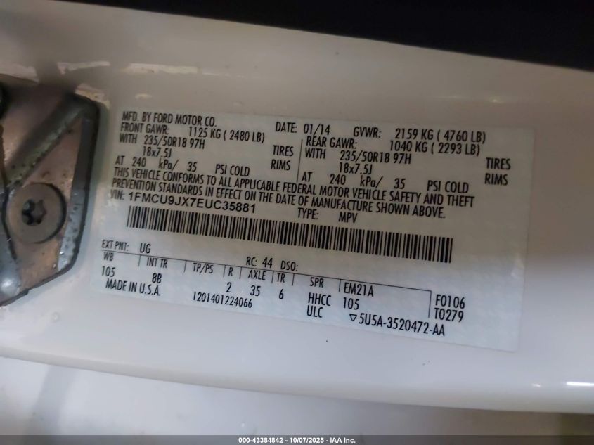 2014 Ford Escape Titanium VIN: 1FMCU9JX7EUC35881 Lot: 43384842