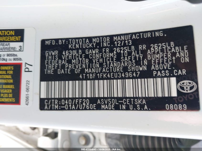 2014 Toyota Camry Se VIN: 4T1BF1FK4EU349647 Lot: 43384843