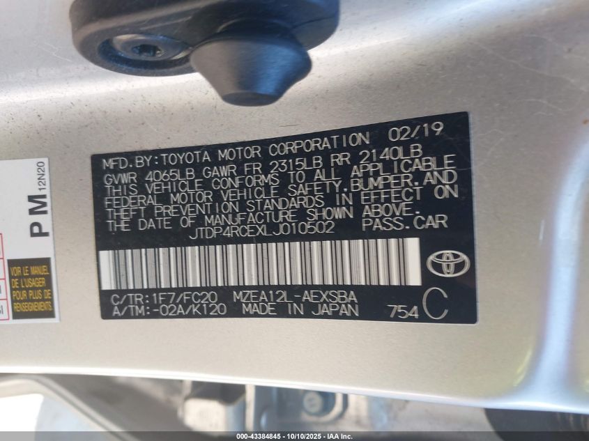 2020 Toyota Corolla Se VIN: JTDP4RCEXLJ010502 Lot: 43384845