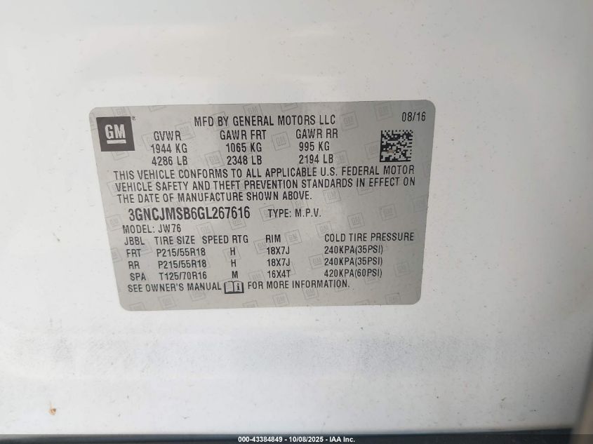 2016 Chevrolet Trax Ltz VIN: 3GNCJMSB6GL267616 Lot: 43384849