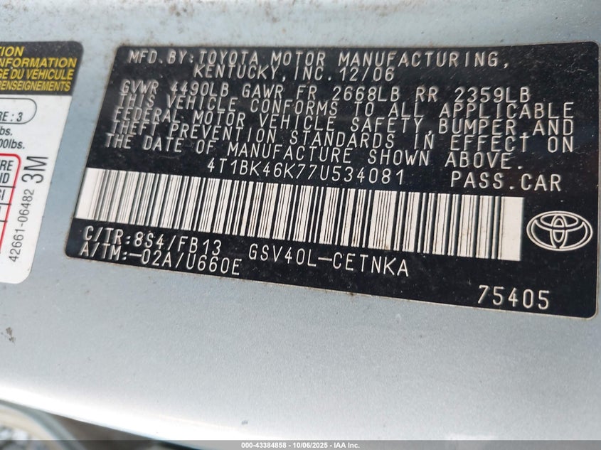 4T1BK46K77U534081 2007 TOYOTA CAMRY photo no. 9