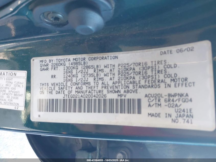 2002 Toyota Highlander VIN: JTEGD21A020042026 Lot: 43384859