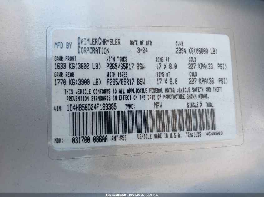 2004 Dodge Durango Limited VIN: 1D4HB58D24F189385 Lot: 43384860