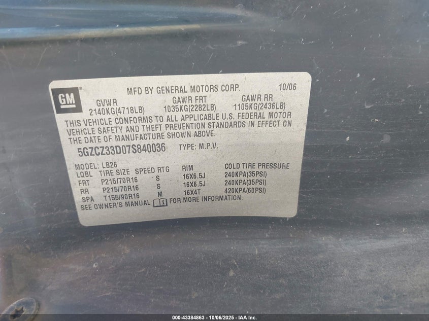 2007 Saturn Vue 4 Cyl VIN: 5GZCZ33D07S840036 Lot: 43384863