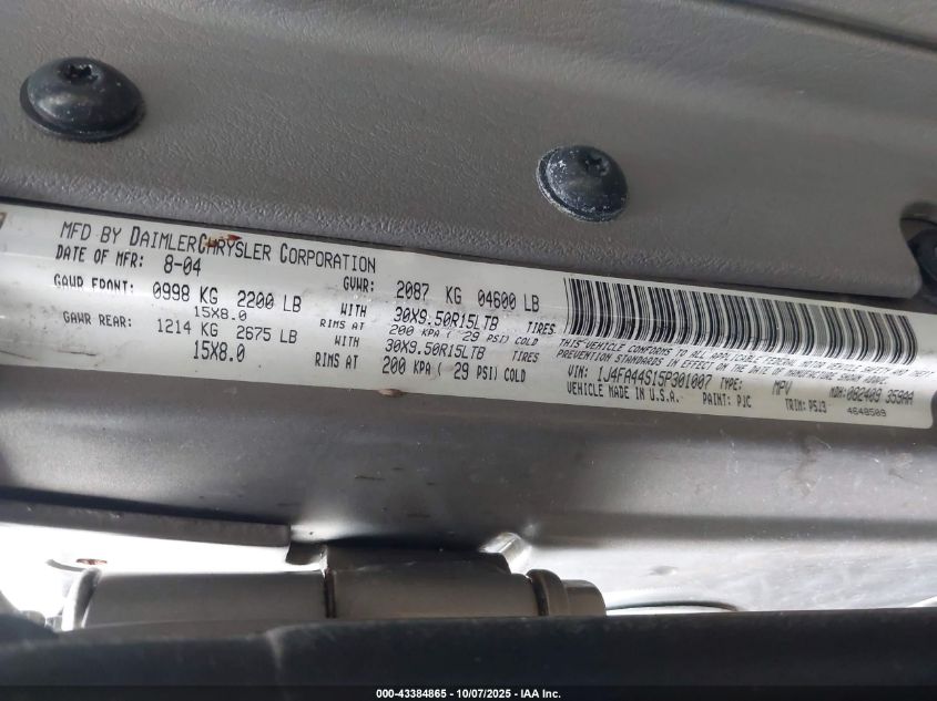 2005 Jeep Wrangler Unlimited VIN: 1J4FA44S15P301007 Lot: 43384865