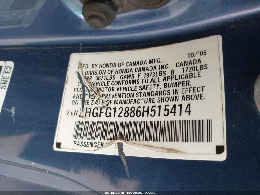 2006 Honda Civic Ex VIN: 2HGFG12886H515414 Lot: 43384878