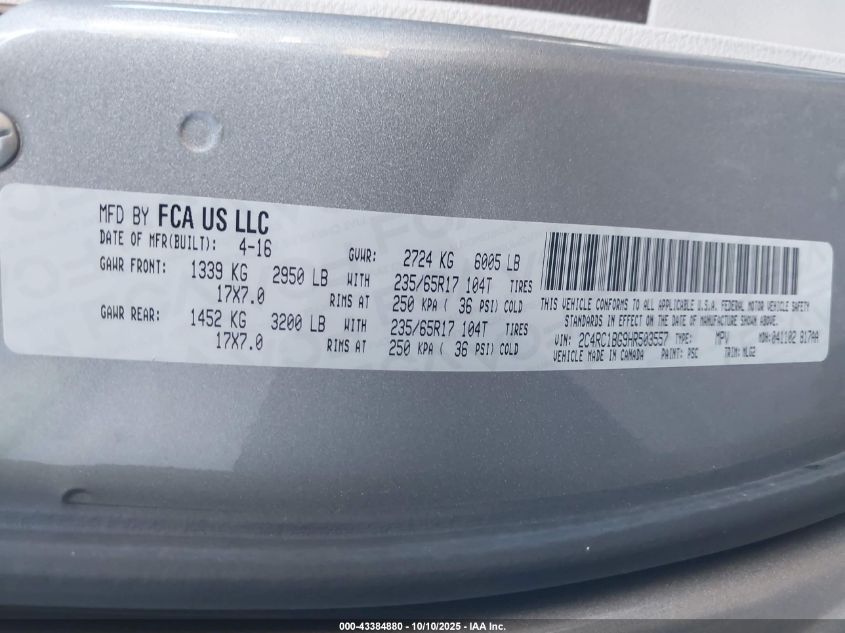 2017 Chrysler Pacifica Touring-L VIN: 2C4RC1BG9HR503557 Lot: 43384880