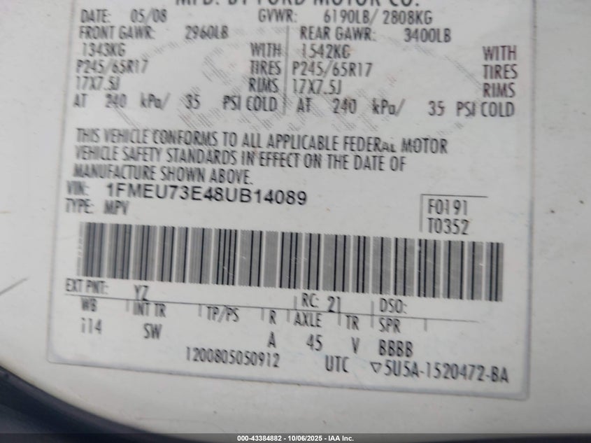 2008 Ford Explorer Xlt VIN: 1FMEU73E48UB14089 Lot: 43384882