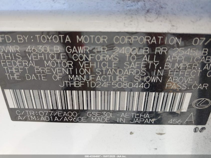 2015 Lexus Is 250 VIN: JTHBF1D24F5080440 Lot: 43384887