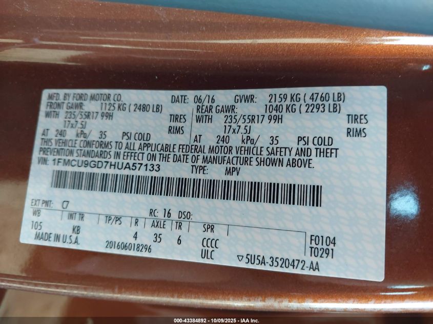 2017 Ford Escape Se VIN: 1FMCU9GD7HUA57133 Lot: 43384892