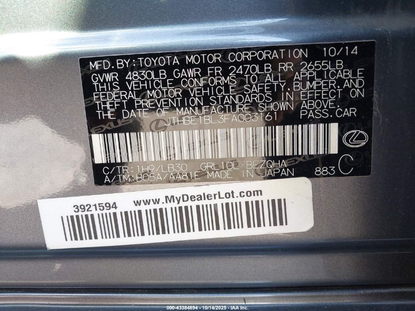 2015 Lexus Gs 350 VIN: JTHBE1BL3FA003161 Lot: 43384894