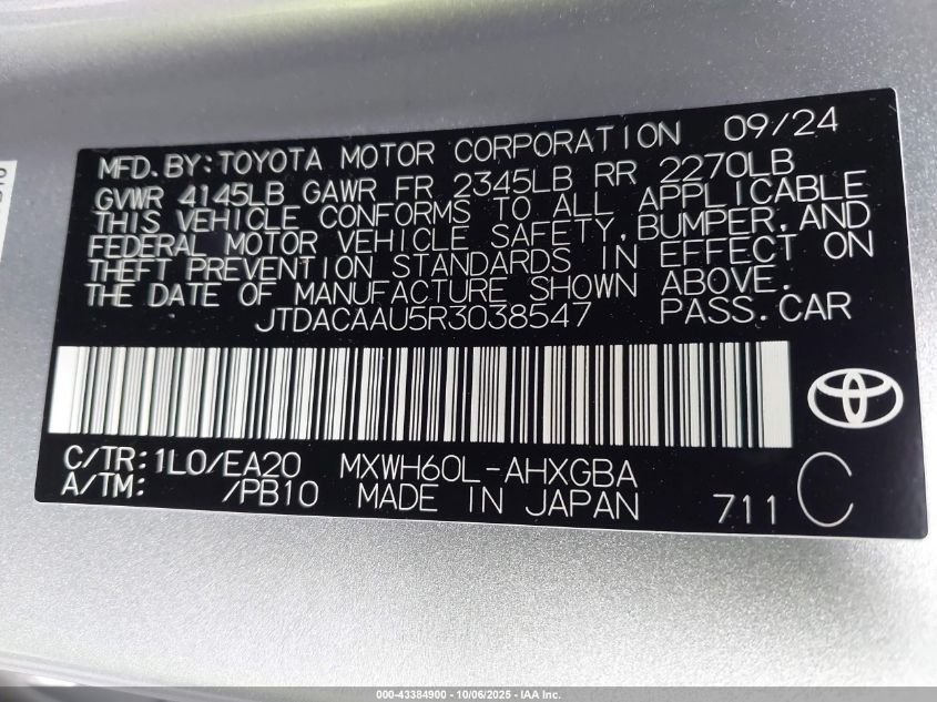 2024 Toyota Prius Xle VIN: JTDACAAU5R3038547 Lot: 43384900