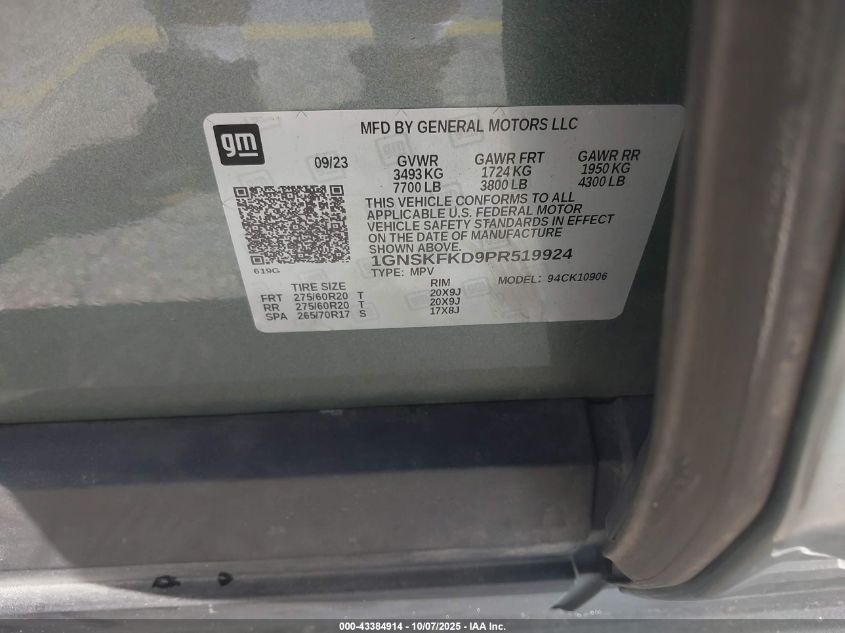 2023 Chevrolet Suburban 4Wd Premier VIN: 1GNSKFKD9PR519924 Lot: 43384914