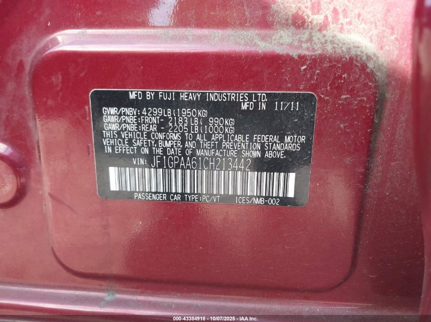 2012 Subaru Impreza 2.0I VIN: JF1GPAA61CH213442 Lot: 43384918