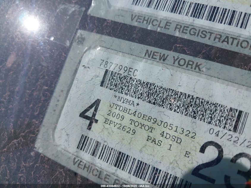 2009 Toyota Corolla Le VIN: JTDBL40E89J051322 Lot: 43384922