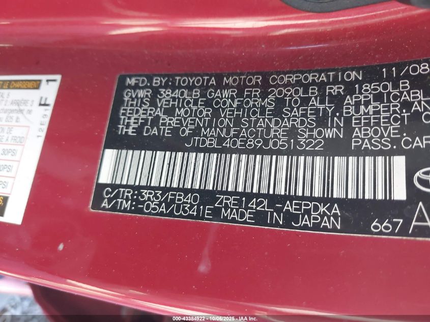 2009 Toyota Corolla Le VIN: JTDBL40E89J051322 Lot: 43384922