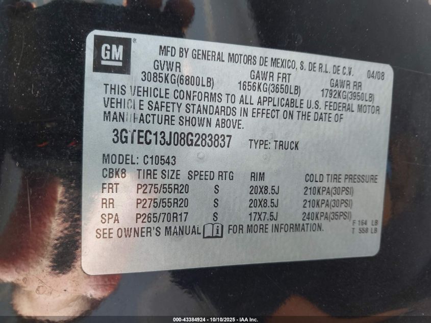 2008 GMC Sierra 1500 Sle1 VIN: 3GTEC13J08G283837 Lot: 43384924