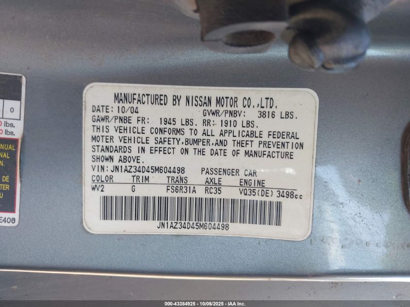 2005 Nissan 350Z Enthusiast VIN: JN1AZ34D45M604498 Lot: 43384925