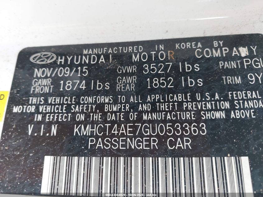 2016 Hyundai Accent Se VIN: KMHCT4AE7GU053363 Lot: 43384929