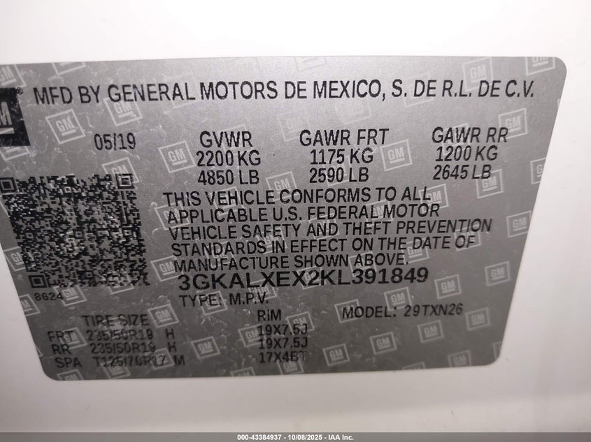 2019 GMC Terrain Denali VIN: 3GKALXEX2KL391849 Lot: 43384937