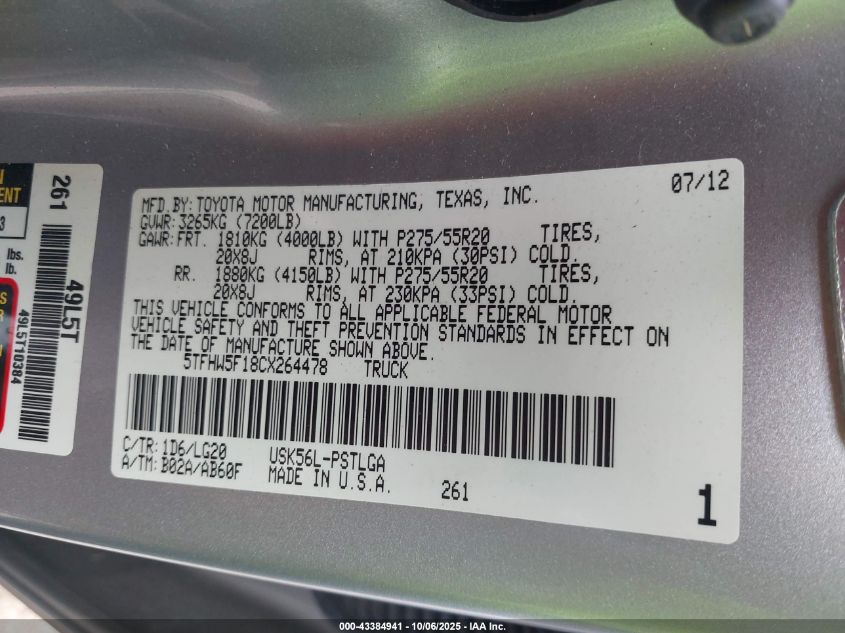 2012 Toyota Tundra Limited 5.7L V8 VIN: 5TFHW5F18CX264478 Lot: 43384941