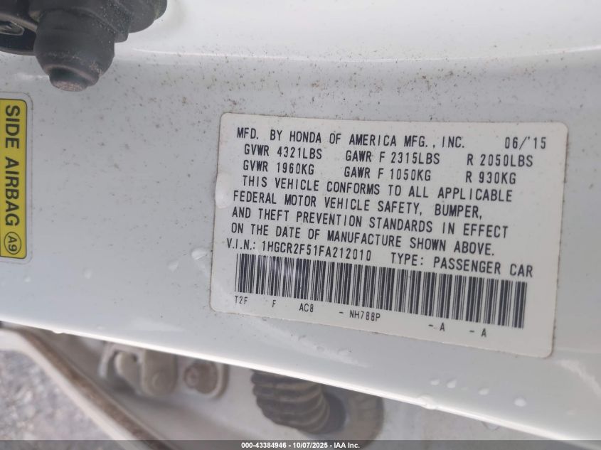 2015 Honda Accord Sport VIN: 1HGCR2F51FA212010 Lot: 43384946