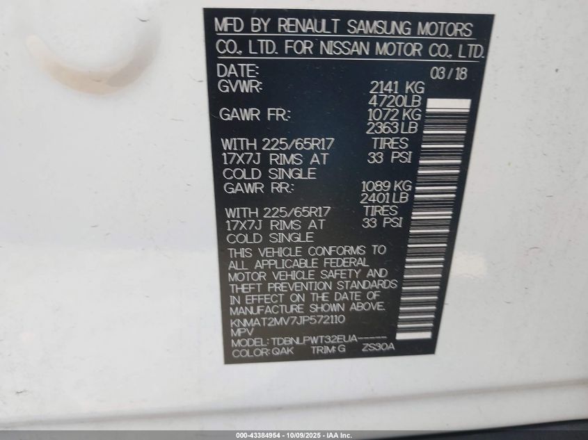 2018 Nissan Rogue S VIN: KNMAT2MV7JP572110 Lot: 43384954