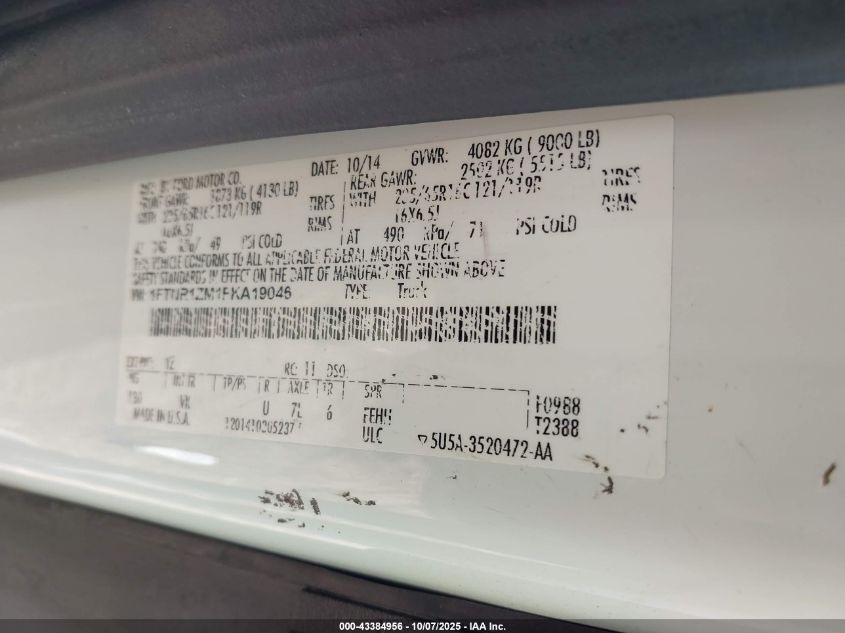 2015 Ford Transit-250 VIN: 1FTNR1ZM1FKA19046 Lot: 43384956