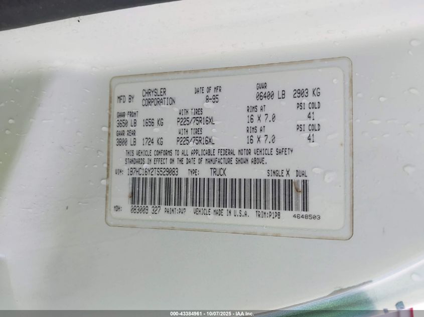 1996 Dodge Ram 1500 VIN: 1B7HC16Y2TS529083 Lot: 43384961