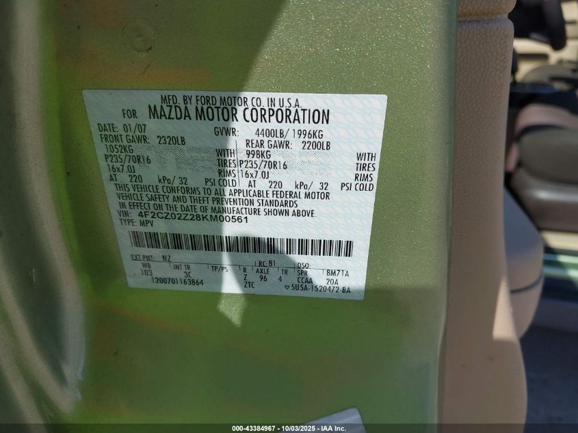 2008 Mazda Tribute I Touring VIN: 4F2CZ02Z28KM00561 Lot: 43384967