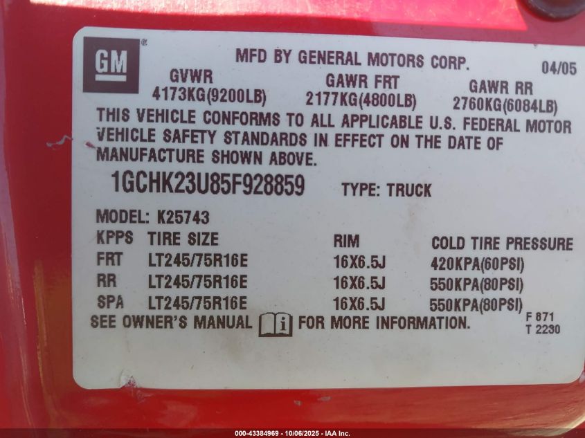 2005 Chevrolet Silverado 2500Hd Ls VIN: 1GCHK23U85F928859 Lot: 43384969