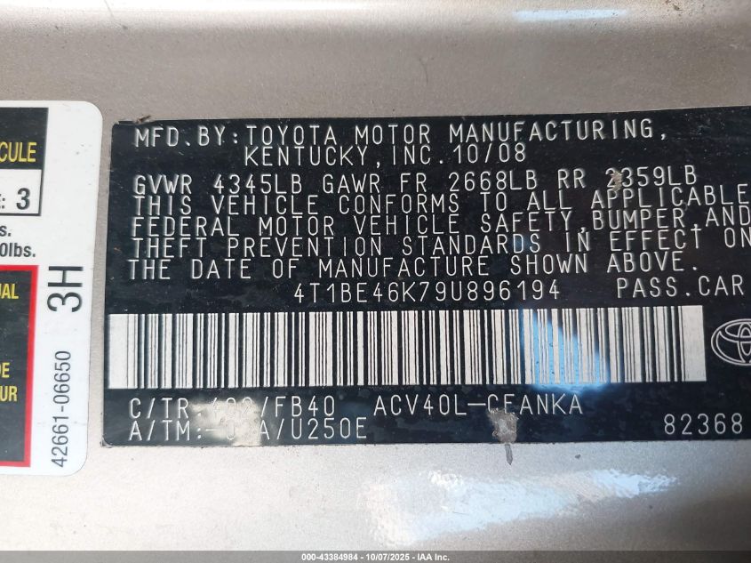 2009 Toyota Camry Le VIN: 4T1BE46K79U896194 Lot: 43384984