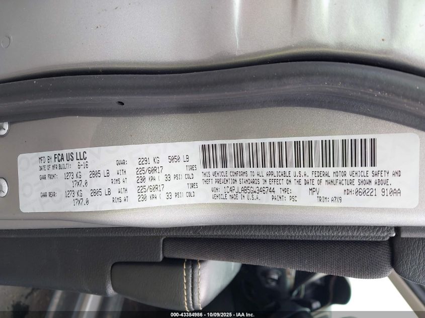 2016 Jeep Cherokee Sport VIN: 1C4PJLAB5GW346744 Lot: 43384986