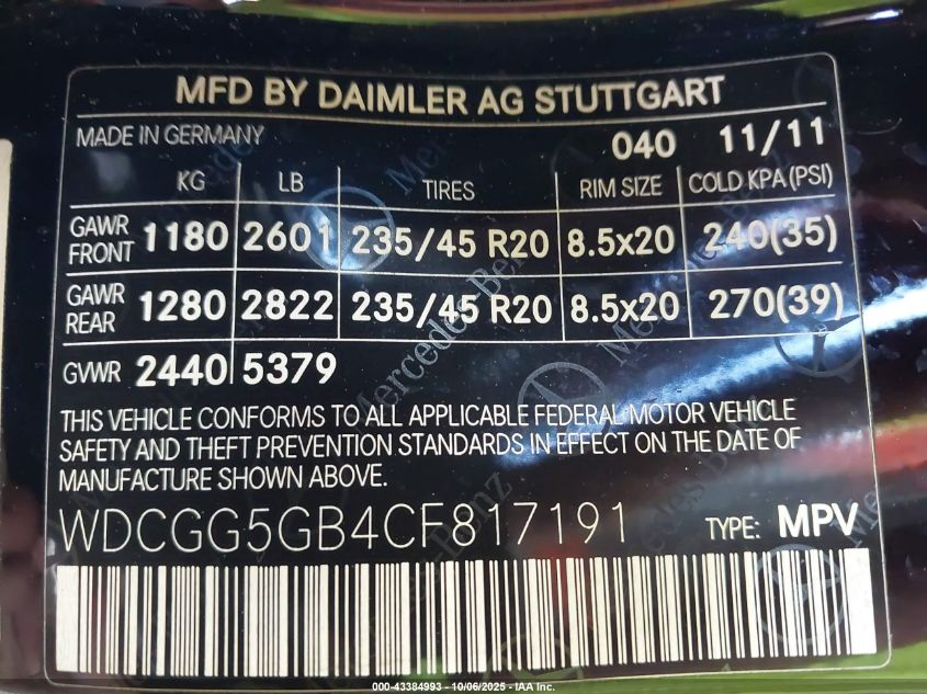 2012 Mercedes-Benz Glk 350 VIN: WDCGG5GB4CF817191 Lot: 43384993