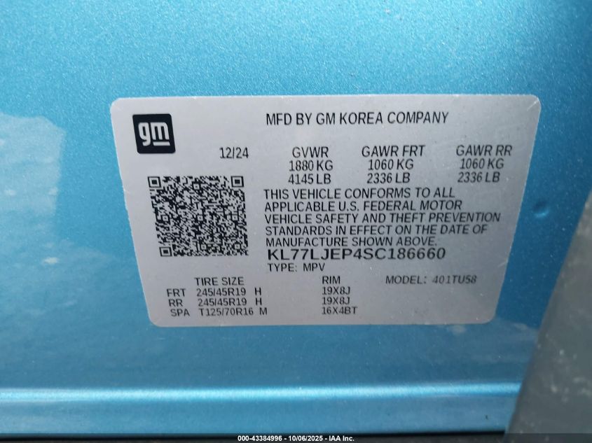 2025 Chevrolet Trax Fwd 2Rs VIN: KL77LJEP4SC186660 Lot: 43384996