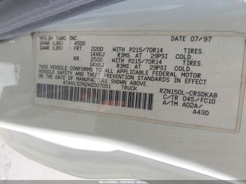 1998 Toyota Tacoma VIN: 4TAVL52N2WZ007051 Lot: 43385000