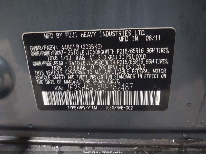 2011 Subaru Forester 2.5X VIN: JF2SHABCXBH782487 Lot: 43385001