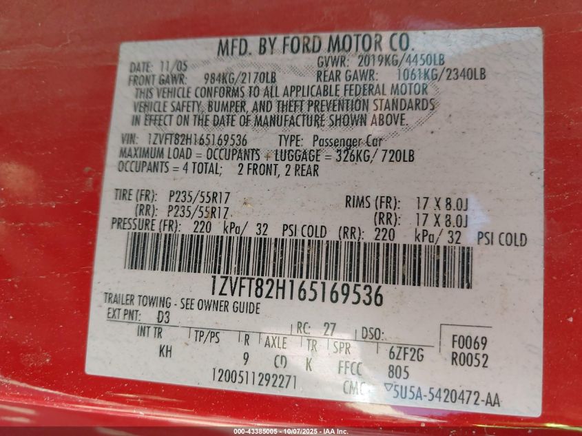 2006 Ford Mustang Gt VIN: 1ZVFT82H165169536 Lot: 43385005