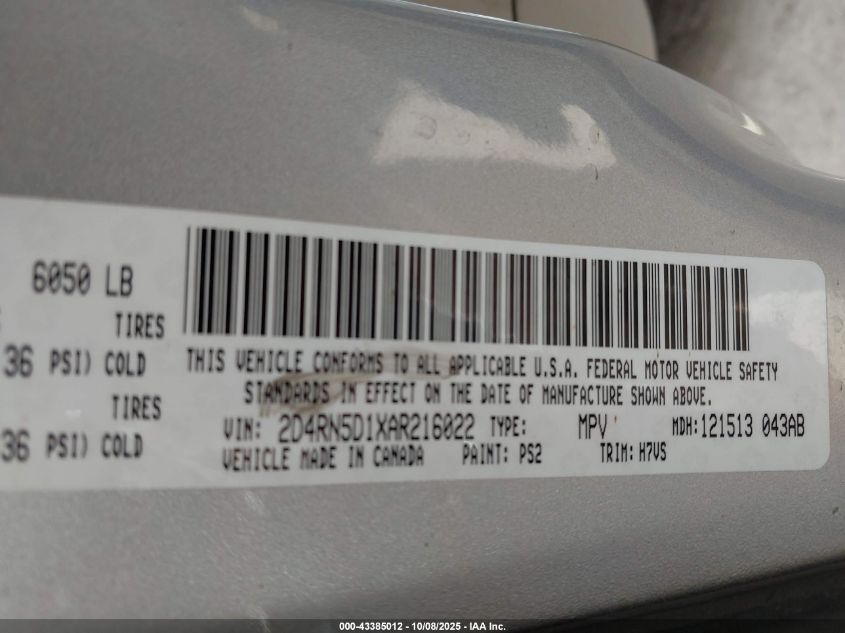 2010 Dodge Grand Caravan Sxt VIN: 2D4RN5D1XAR216022 Lot: 43385012