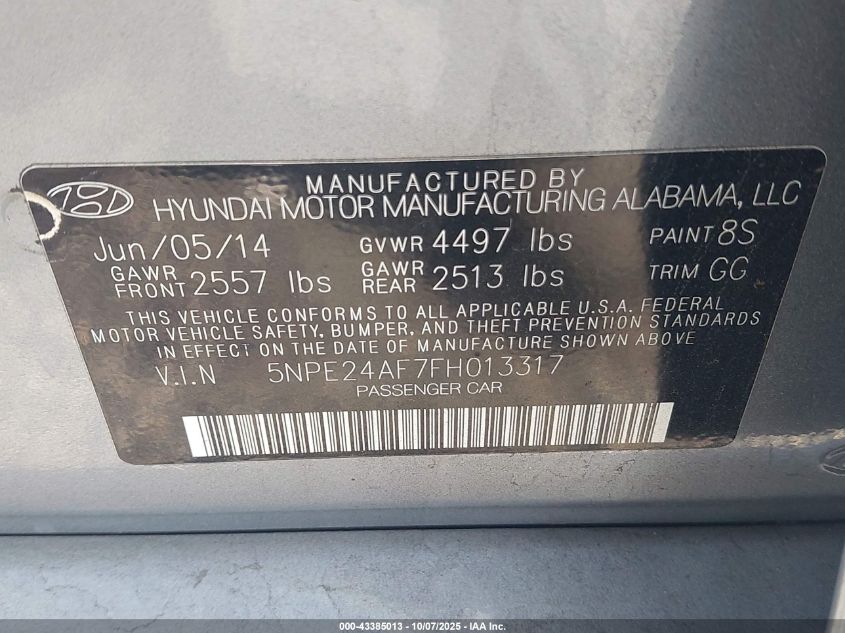 2015 Hyundai Sonata Se VIN: 5NPE24AF7FH013317 Lot: 43385013