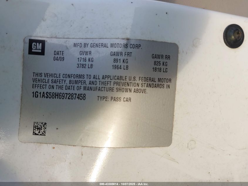 2009 Chevrolet Cobalt Ls VIN: 1G1AS58H697287458 Lot: 43385014