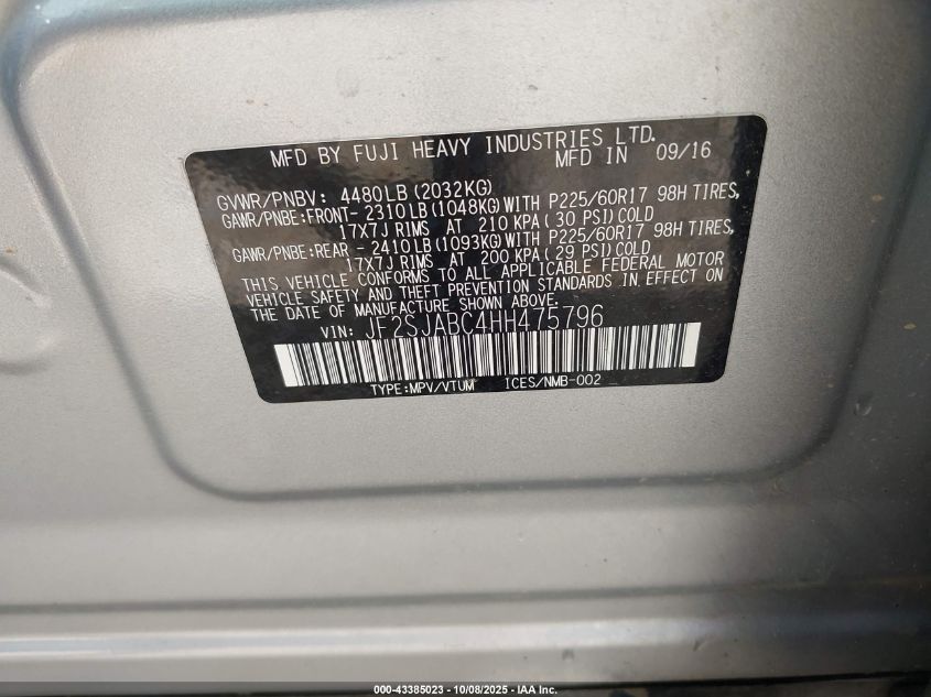2017 Subaru Forester 2.5I VIN: JF2SJABC4HH475796 Lot: 43385023