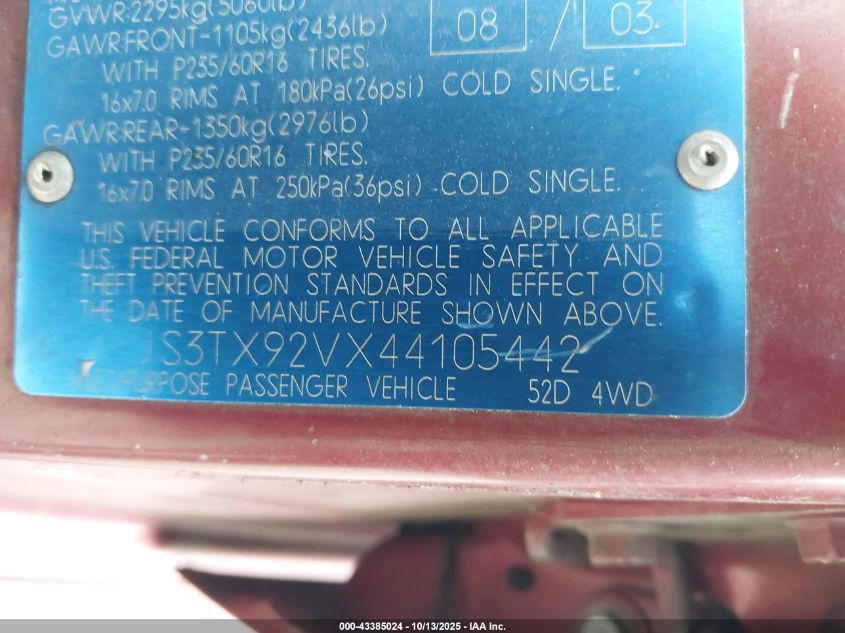 2004 Suzuki Xl-7 Ex/Lx VIN: JS3TX92VX44105442 Lot: 43385024