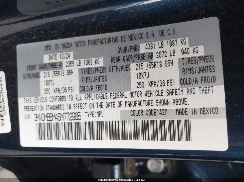 2025 Mazda Cx-30 2.5 S Select Sport VIN: 3MVDMBBM4SM772985 Lot: 43385026