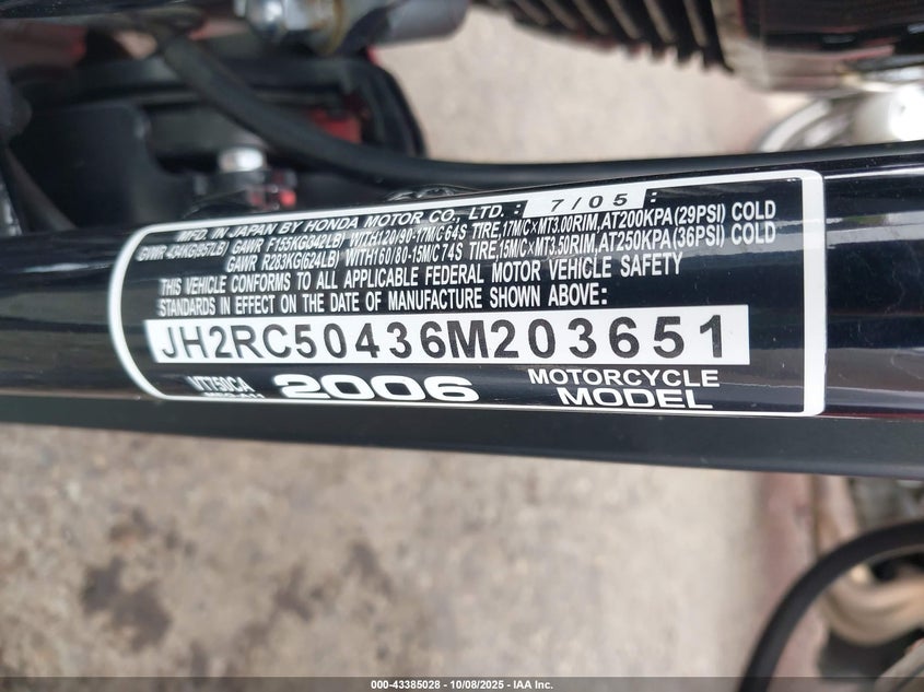 2006 Honda Vt750 Ca VIN: JH2RC50436M203651 Lot: 43385028