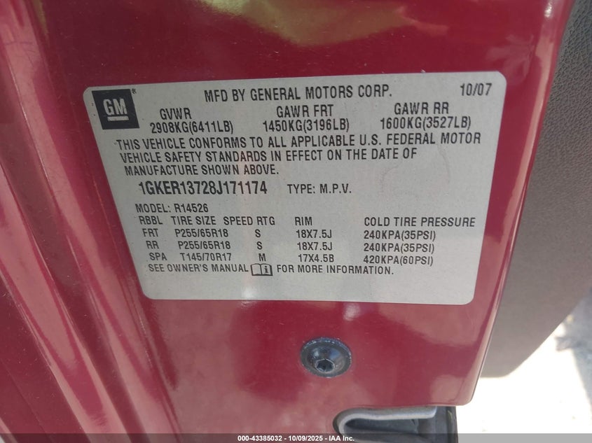 2008 GMC Acadia Sle-1 VIN: 1GKER13728J171174 Lot: 43385032