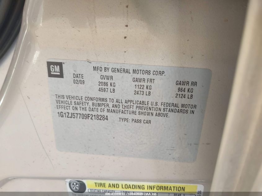 2009 Chevrolet Malibu Lt VIN: 1G1ZJ57709F218284 Lot: 43385033