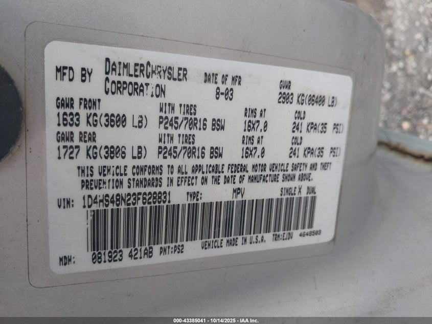 2003 Dodge Durango Slt VIN: 1D4HS48N23F628831 Lot: 43385041